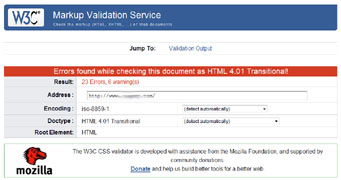 Picture of a the W3C validator website displaying a site that has failed validation.
